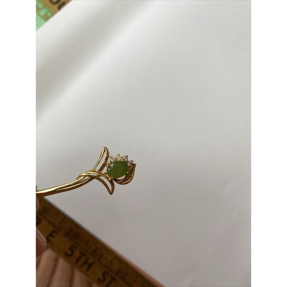 Vintage Gold Tone Pronged Jade Faux Diamonds Brooch Green Flower Pin - Picture 8 of 9
